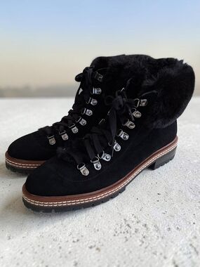 Kate Spade Robin Black Suede Faux-Fur LaceUp Eyelets Ankle Winter Boots Lug Sole